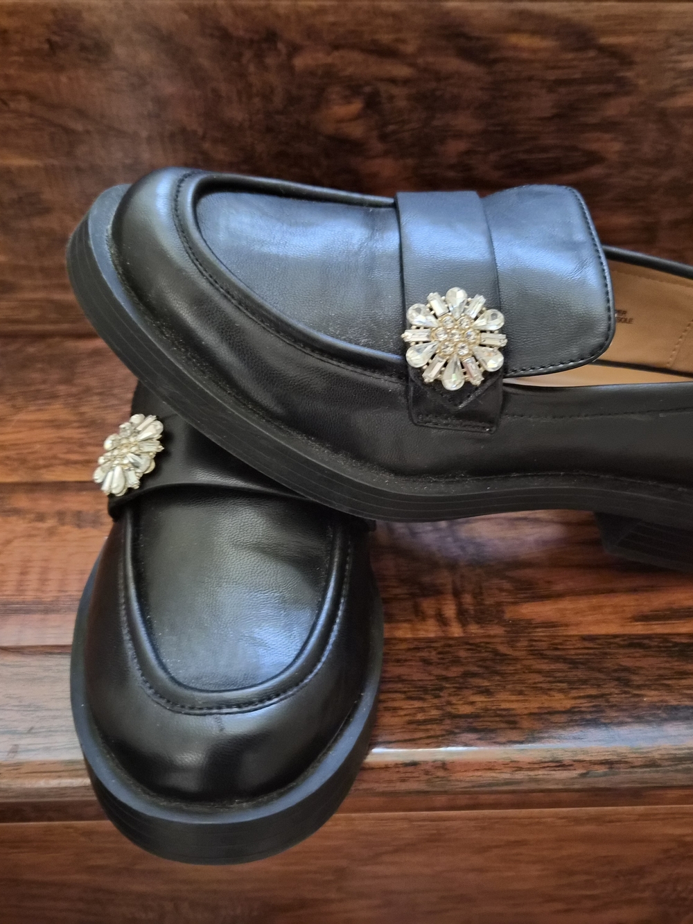 BCBGeneration Black Leather Loafer with Gold Crystal Brooch - Picture 9 of 9